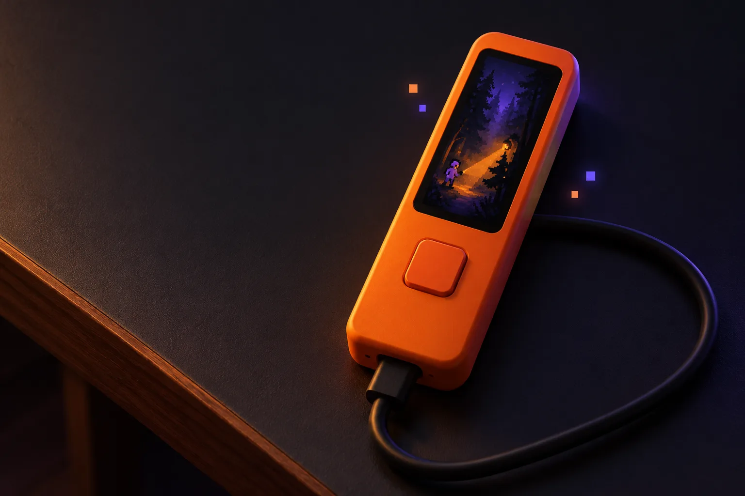 Illustrated orange pocket device showing an imagined flashlight game, on a dark desk with a looping USB cable.